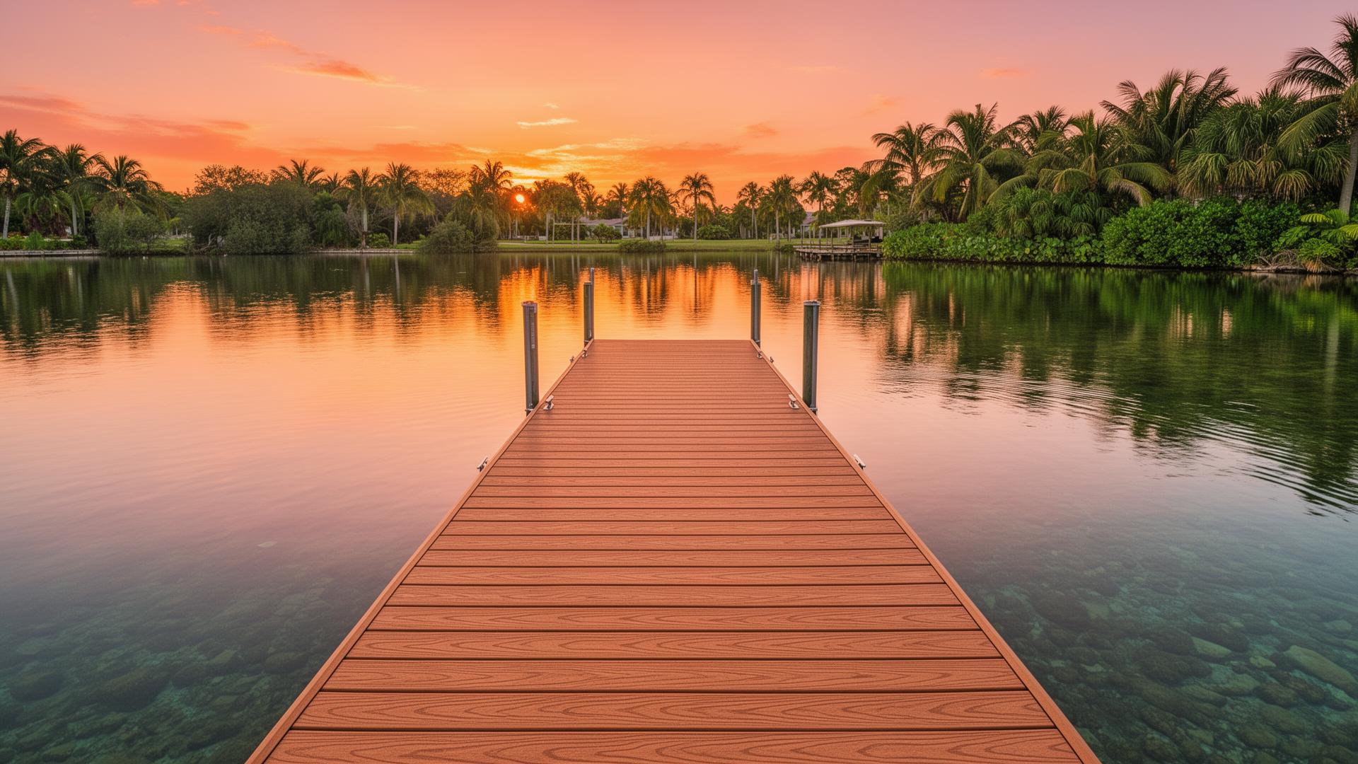 Premium wood-decked floating dock on a Florida lake at sunset